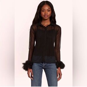 Amanda Uprichard Black Sheer Button-Up Blouse with Fur Cuffs NWT - Medium
